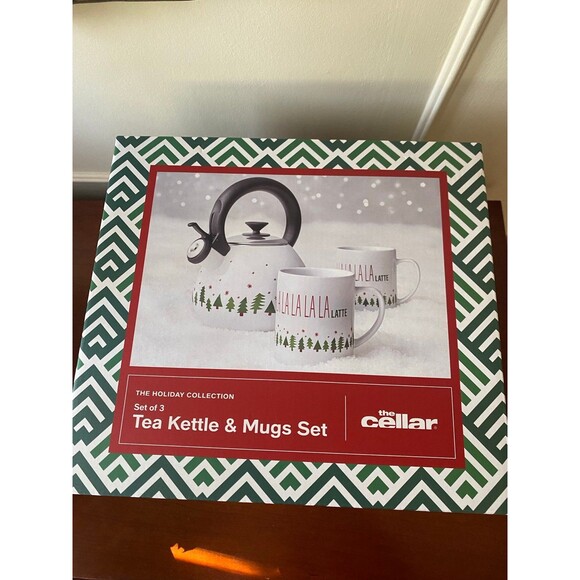 The Cellar Holiday Christmas Enamel Tea Kettle Stoneware Mug Set Host Gift NWT - Picture 8 of 12